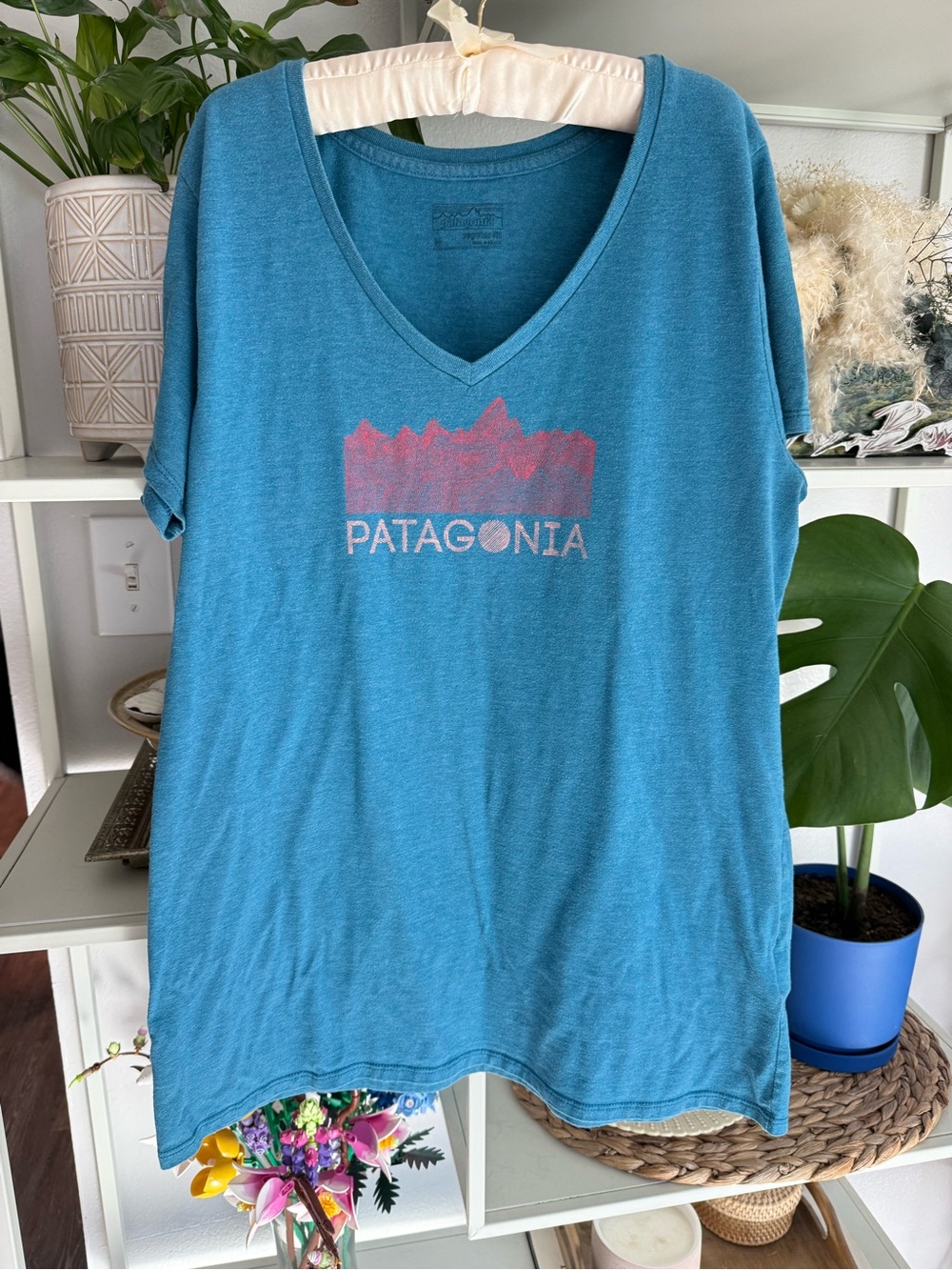 Patagonia Blue V-Neck Logo Tee with Pink Graphic